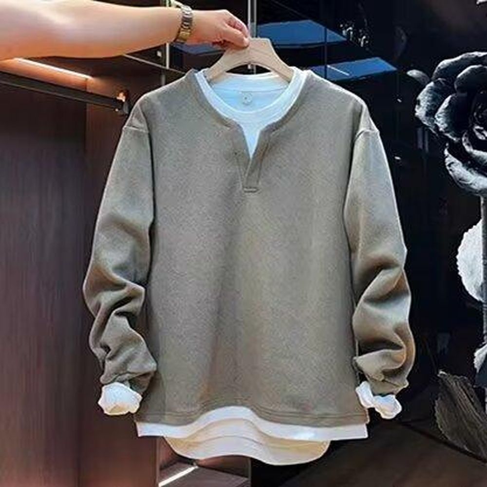 Solid Color V-neck Sweatshirt for Men Simple Casual Hoodie